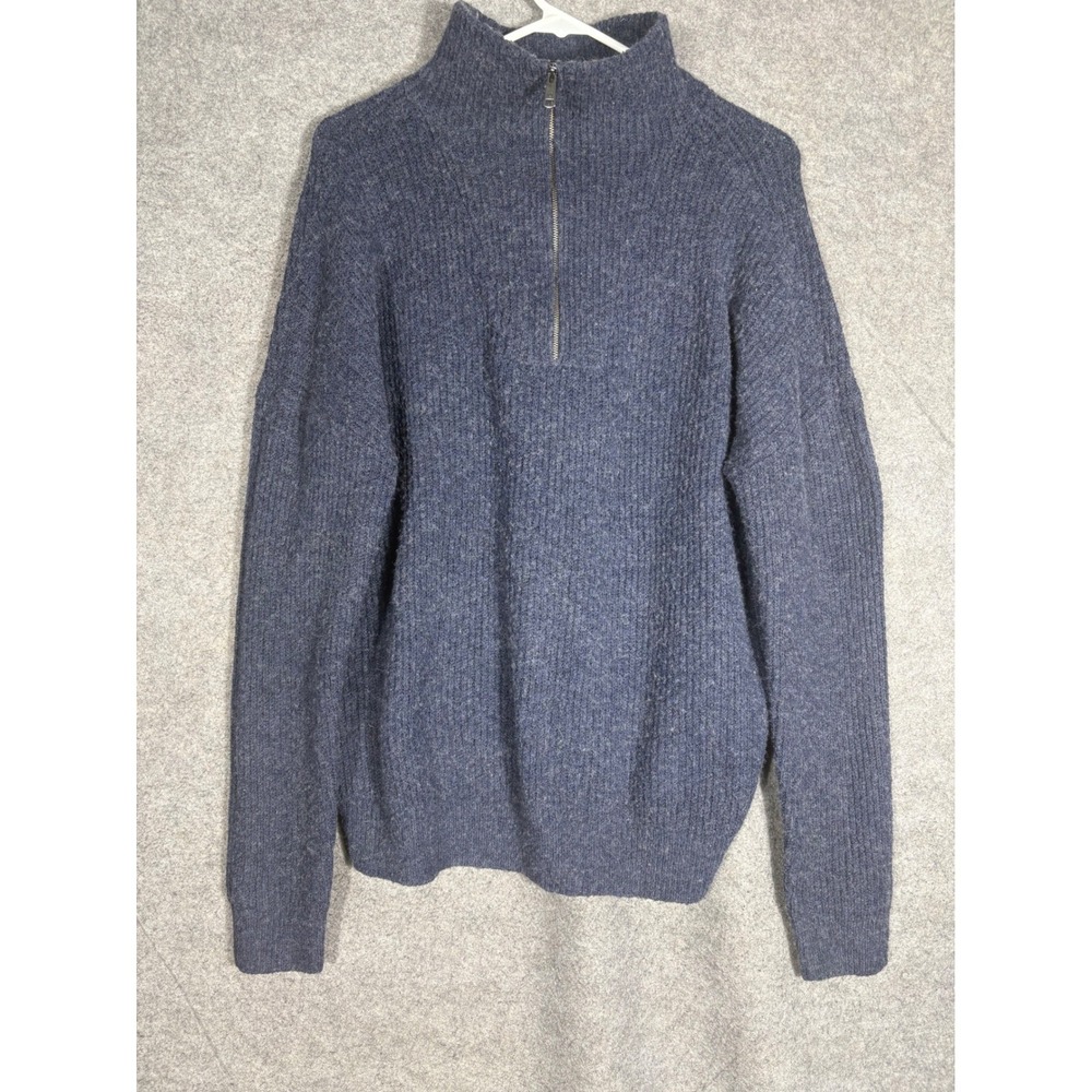 Modern Ambition Mens XL Quarter Zip Sweater Blue Merino Wool Blend Ribbed Knit‎